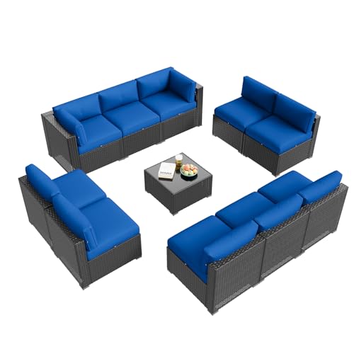 Aoxun Patio Furniture Set, 11 Piece Outdoor Sectional Sofas with Waterproof Cover, 10 Seats Wicker Rattan Outdoor Furniture Patio Conversation Set for Backyard, Garden Navy Blue