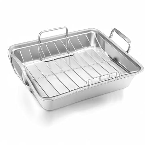 Leonyo Large Turkey Roasting Pan with V-shaped Rack, Rectangular 16 x 11.5 Inch Stainless Steel Turkey Roaster Pan with Rack Heavy Duty for Chicken Lasagna Vegetables Brownie, Dishwasher Safe, 2Pcs