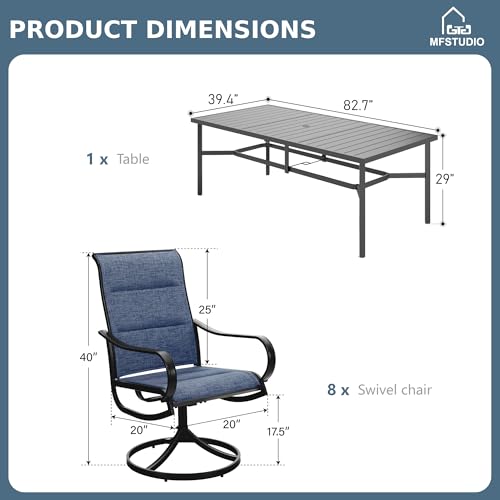 MFSTUDIO Patio Dining Set for 8, Outdoor Table and Chairs Set with Umbrella Hole, 9 Piece Patio Furniture Dining Set for Deck Yard Poolside