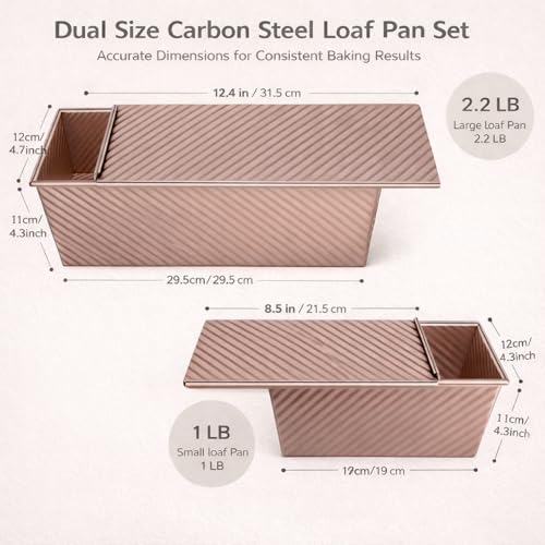 YIWSKJ 3-Pack Bread Pan with Lids, 2.2LB & 1LB & 1LB Dough Capacity, Non-Stick Carbon Steel Pullman Loaf Pan for Baking, Professional Toast Box Mold with Baking Tools - Gold