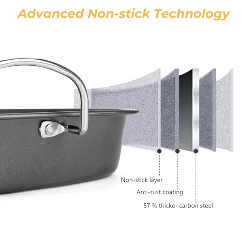 Nonstick Roasting Pan with Rack, 14.5x11.4’’ Baking Pan for Oven with Rack & Silicon Hand Clip, Heavy Duty Dishwasher Safe Rectangular Lasagna Pan with Handle for Turkey Chicken, Dark Grey