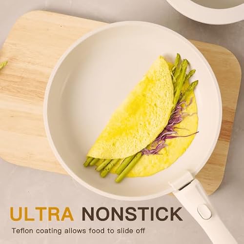 Nonstick 22-Piece Ceramic Cookware Set with Removable Handles, Cream White, Induction Ready, Oven Safe, Stackable