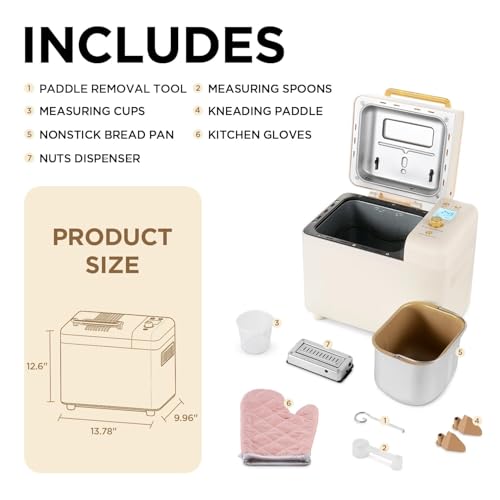 Neretva Bread Machine, 2.2LB 15-in-1 Bread Maker, Dual Heater Breadmaker Machine with Auto Nut Dispenser & Nonstick Ceramic Pan, Bread Maker Machine for Gluten Free, Dough Maker, Sourdough, Yogurt