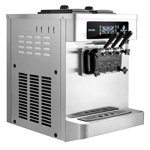 VEVOR Commercial Ice Cream Machine, 20-28L/H Yield, 2200W 3-Flavor Countertop Soft Serve Ice Cream Maker with 2 x 6L Hoppers & Built-In Puffing Pump, Pre-Cooling Low-Mix Alert for Snack Dessert Shops