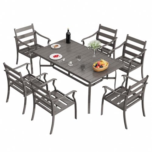 EROMMY 7-Piece Outdoor Patio Dining Set for 6, 6 Metal Slat Chairs & Rectangular Table with Umbrella Hole, Heavy-Duty Patio Furniture for Backyard, Deck and Garden