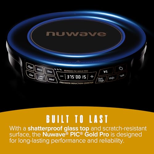 Nuwave Gold Pro Precision Induction Cooktop, Large 8” Heating Coil, 12” Heat-Resistant Cooking Surface, Adjustable Wattages,100°F to 575°F, Portable, Built-In Safety Auto Shut Off