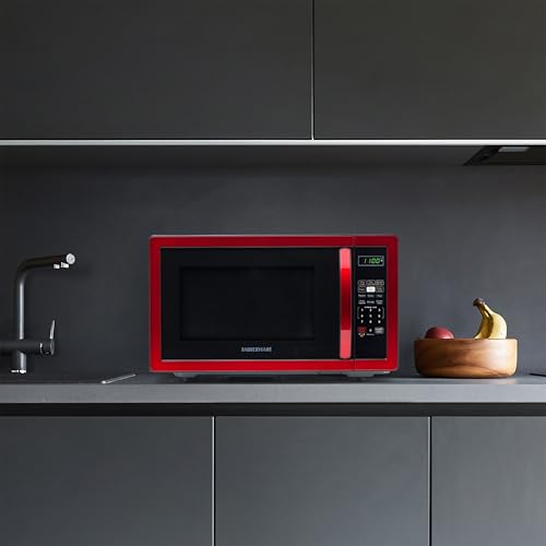 Farberware 1.1 Cu. Ft. Countertop Microwave Oven – 1000 Watts Power, Auto Cook Settings, Defrost, Easy Clean and Child Safety Lock - Metallic Red