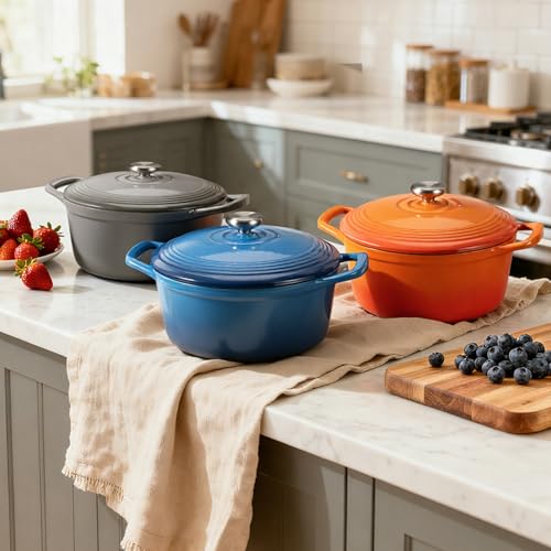 Overmont Enameled Cast Iron Dutch Oven - 5.5QT Pot with Lid Cookbook & Cotton Potholders - Heavy-Duty Cookware for Braising, Stews, Roasting, Sourdough Baking Blue