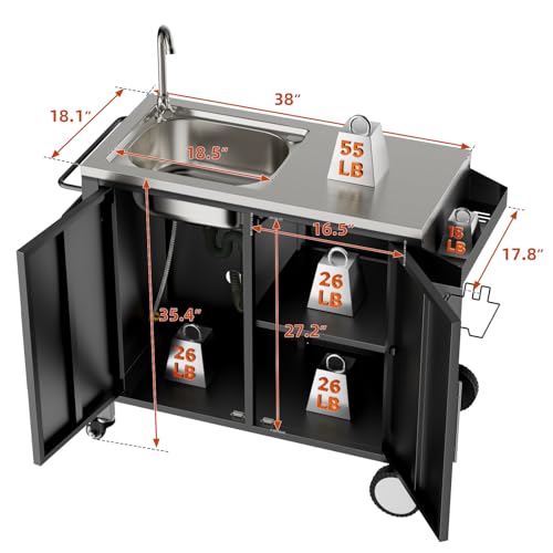 ahomrt Outdoor Grill Table with Sink, Grill Cart with 304 Stainless Steel Sink and Cabinet, Outdoor Grill Cart,Outdoor Cart Sink Station with Wheels, 38in x 18in x 35in