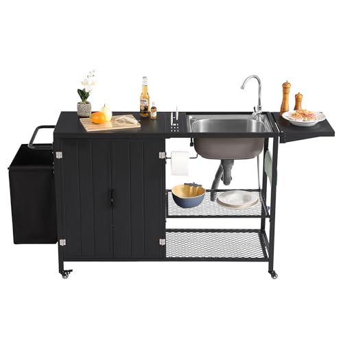 LVUYOYO Outdoor Grill Table with Stainless Steel Sink, Grill Cart Station with Cabinet, Metal Kitchen & Island Rolling BBQ Table for Garden, Patio, Backyard