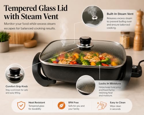 Moss & Stone Square Electric Skillet with Lid, 12-Inch Nonstick Frying Pan