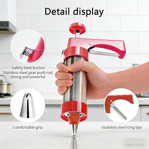 Stainless Steel Spritz Cookie Press - Press Gun Kit with 13 Discs & 8 Piping Tips, DIY Christmas Maker, Practical Baking Gadgets red