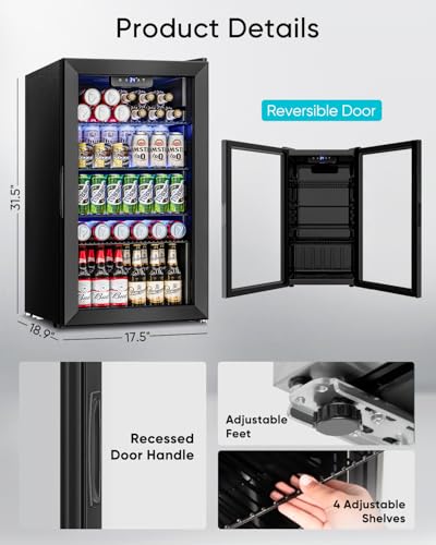 Feelfunn 3.2 Cu.Ft Mini Fridge with Glass Door - 126 Can Beverage Refrigerator Cooler for Drink Beer Wine Soda, Small Fridge for Bedroom Office Bar Dorm, 4 Adjustable Shelves, Black