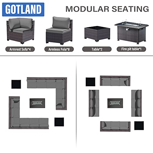 Gotland 15 Pieces Patio Furniture Set with Fire Pit Table, All Weather Rattan Outdoor Furniture with 29.5'' High Backrest 4’’ Thick Cushions Coffee Table, Patio Set for Porch, Deck, Backyard, Gray