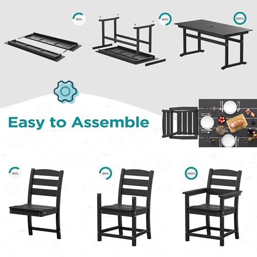 nalone 7-Piece Patio Dining Table Set, HDPE Outdoor Dining Sets with Table and 6 Chairs, Dining Furniture Set with Umbrella Hole (Black, 7 Pcs)