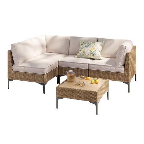 SunloungeCo 5-Piece Patio Furniture Set, Outdoor Wicker Sectional Sofa with Coffee Table, Anti-Slip & Thick All-Weather Cushions for Party, Garden, Backyard, Beige