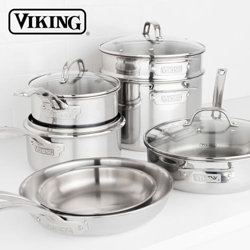 Viking 3-Ply Stainless Steel 11-Piece Cookware Set with Vented Glass Lids, Fry Pans, Saucepans, Saute Pan, Stock Pot with Strainer Insert, Oven Safe up to 600F