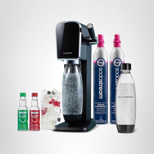 SodaStream ART Sparkling Water Maker, Value Bundle, Soda Maker, Includes 2 Quick Connect 60L CO2 Cylinders, 2 Dishwasher Safe BPA Free Bottles, 2 bubly Flavor Drops, Make your own Pepsi, Black