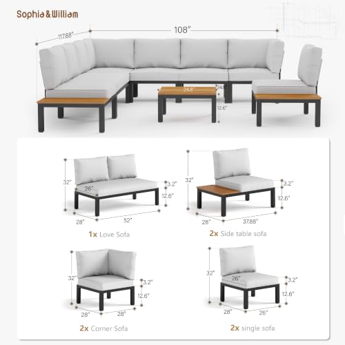 Sophia & William 8-Seat Metal Patio Sofa Sectional Set with Gray Cushions