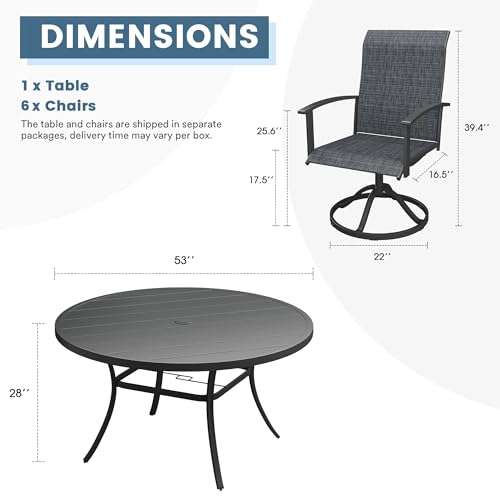 DIFY 7 Piece Outdoor Dining Set, Black Metal Table & Swivel Chairs