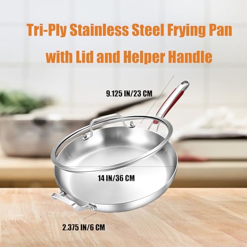 Inqibee 14-Inch Tri-Ply Stainless Steel Large Skillet with Lid,Large Frying Pan with Helper Handle,Jumbo Cooker,Induction Pan,Heavy Duty and Dishwasher Safe