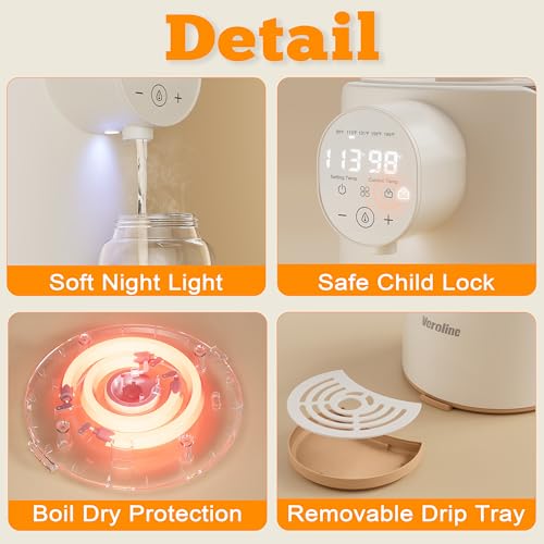 Veroline Instant Water Warmer, 2L Baby Formula Dispenser, 5 Temperature Control & 7x24H Keep Warm, Baby Bottle Warmer with Night Light, Hot Water Dispenser for All Bottles, Detachable Glass Tank