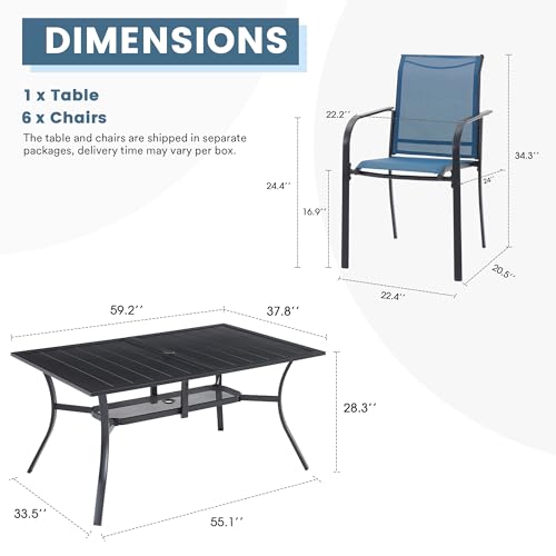 DIFY 7 Pieces Patio Dining Set for 6, Patio Furniture Includes Blue Stackable Sling Outdoor Chairs and 59.2" Rectangle Metal Black Table
