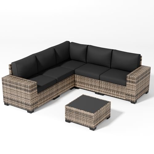 VONZOY Patio Furniture Set, Wide Armrest Outdoor Furniture Set with Thick Cushions, 6 Piece Wicker Rattan Patio Sectional Sofa for Backyard, Poolside, Garden