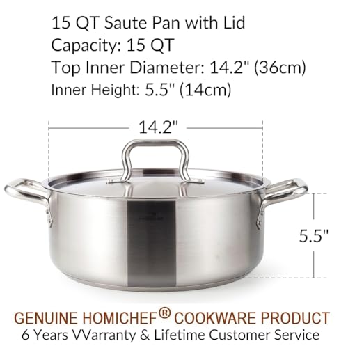 HOMICHEF 15 Quart LARGE Stainless Steel Braiser Pan with Lid - Commercial Grade NICKEL FREE Stainless Steel Healthy Braiser Pot 15 QT - Matte Polished Braising Pan Large