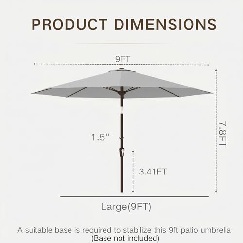 Kingdura 9FT Outdoor Patio Umbrella, Market Table Umbrella with Push Button Tilt and Crank, 8 Sturdy Fiberglass Ribs, UV Protection for Pool, Lawn, Deck, Backyard, Garden (Light grey)