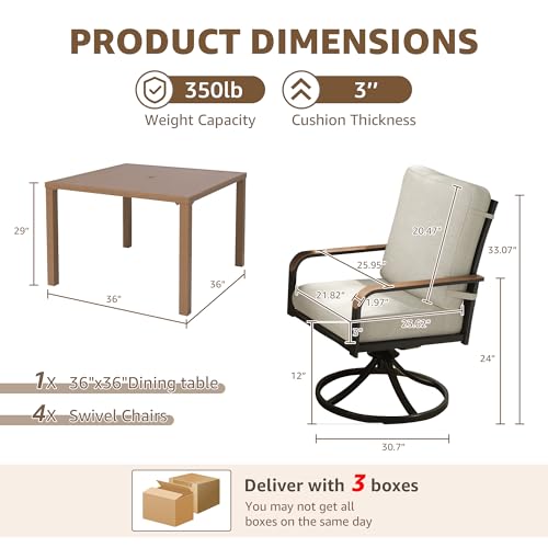 NATURAL EXPRESSIONS 5 Piece Outdoor Patio Dining Sets, 4pcs Swivel Dining Chairs & Square Woodgrain Dining Table with 1.65”Umbrella Hole for Lawn, Garden, Deck, Backyard and Porch