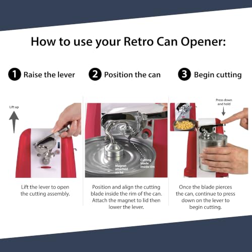 Nostalgia Retro Electric Can Opener for Kitchen with Magnetic Lid Remover, Knife Sharpener, and Soda or Beer Bottle Opener, Red