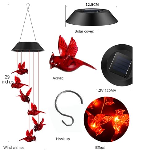 Cardinal Solar Wind Chimes for Outside, Cardinal Solar Hanging Lights Outdoor Wind Chime for Garden Patio Decor, Unique Gifts for Mother Mom Grandma Women Birthday