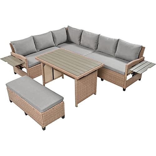 Brabrety Outdoor Patio Furniture Sofa Set, 5-Piece All-Weather Rattan L-Shaped Sectional Sofa Set with 2 Extendable Side Tables, Dining Table for Backyard, Poolside,Garden (Brown/L-Shaped)