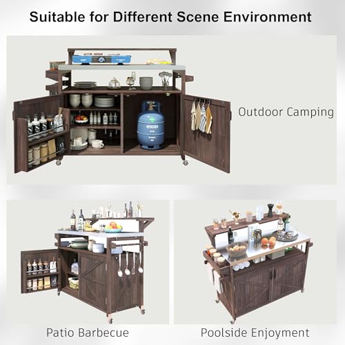 Outdoor Kitchen Island with Stainless Steel Top, 53.3" Rolling Grill Cart with Adjustable Shelves, Raised Shelf, Lockable Wheels, Portable Outdoor Table and Bar Storage Cabinet for Patio