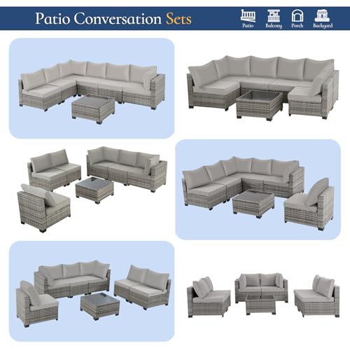 FHFO 7 Piece Outdoor Wicker Patio Furniture Set, Rattan Sectional Sofa Couch, Patio Conversation Set with Cushion & Coffee Table, for Backyard Poolside Porch Garden, Grey