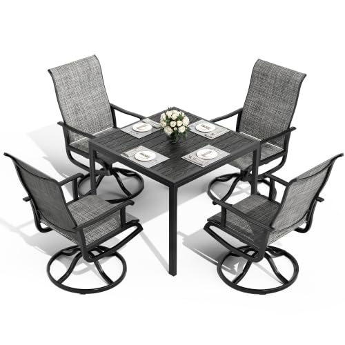 Pamapic 5-Piece Outdoor Dining Set, All Weather Patio Table and Chairs Set with Umbrella Hole, Wood-Like Metal Table and 4 360° Swivel Textilene Chairs for Backyard, Poolside, Deck, Porch, Grey