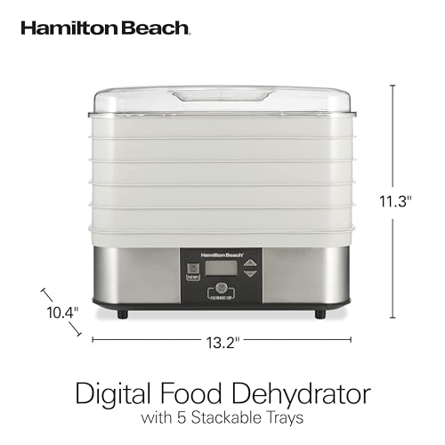 Hamilton Beach Digital Food Dehydrator for Fruit and Jerky, Vegetables and More, 5 Trays, Adjustable Temperature, 48 Hour Timer + Auto Shutoff, Grey (32100A)