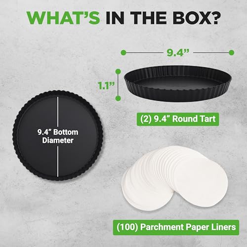 NutriChef 2 Round Tart Pans | 9 Inch Carbon Steel Cheesecake Baking Trays with Removable Base | Nonstick & Even Heat Distribution | Includes 100 Parchment Papers | Height of 1 Inch | Black