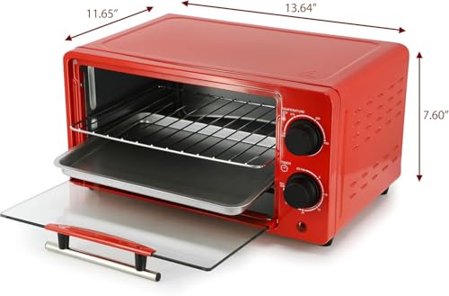 9.5 Quart Electric Countertop Toaster Oven, Compact Red Kitchen Oven with Adjustable Temperature & Quartz Heating (Red)