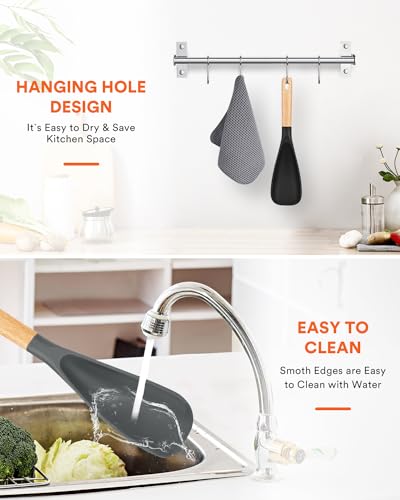 Cooking Spoon for Nonstick Cookwares, Great for Cooking and Serving Sturdy BPA-Free Matte Silicone, Wood Handle Spoon for Mixing, Scoop, and Scrape (Black & Grey, 11.4 inch)