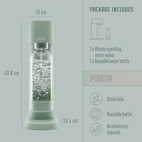 Mysoda Woody Soda Streaming Machine - Silent Carbonated Water Machine Robust Long-Lasting Aluminium Soda Maker - With 1L Water Bottle - Without CO2 Cylinder - Pigeon