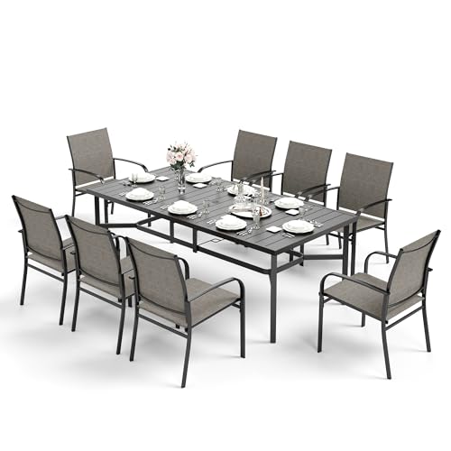 HERA'S HOUSE 9 Pieces Patio Dining Set, 8 x Brown Textilene Patio Chairs and 1 x 83 Large Rectangle Dining Table, Outdoor Furniture Set for Deck Garden Backyard Lawn Poolside