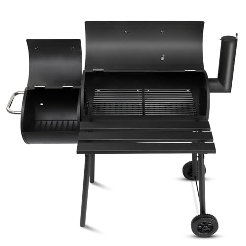 Large Charcoal Grill with Offset Smoker and Wood-Painted Side Table, Outdoor Smoker Grill with 811 Sq. In. Cooking Area for Outdoor Patio Barbecue Camping Parties Event, Black