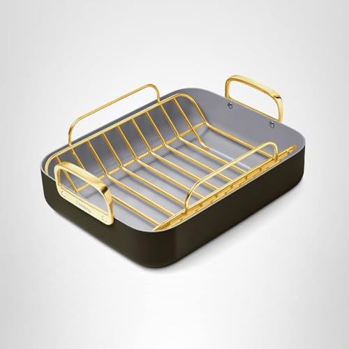 Caraway Roasting Pan - 16x13” Roasting Pan with Rack - Non-Stick Ceramic Coated - Non Toxic, PTFE & PFOA Free - Oven Safe & Compatible with All Stovetops - Black