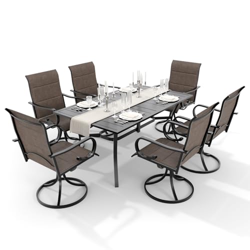 MELLCOM 7-Piece Outdoor Dining Set, 6 Swivel Rocker Chairs with High Back Textilene & Rectangular Metal Dining Table with Umbrella Hole, Patio Furniture Set for Porch, Deck, Brown