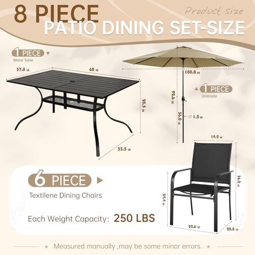 SUNCROWN 8 - Piece Outdoor Dining Set, Patio Furniture Set with 6 Textilene Dinning Chairs, 1 Rectangle Metal Table and 1 Brown 9Ft Patio Umbrella for Lawn Garden Backyard Deck, Black