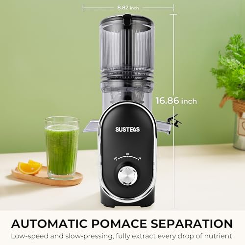 SUSTEAS Cold Press Juicer, 300W, 5.3" Large Feed Chute, 1.5L Capacity, Automatic Feeding, High Yield, Easy to Clean, Ideal for Whole Fruits & Vegetables, Black