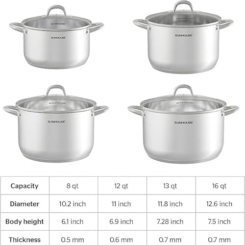 Sunhouse Stock Pot with Lid - 16 QT Large Pot for Cooking Pasta, Soup, Spaghetti - Impact Bonding Base Big Stainless Steel Pots for Canning, Boiling - Oven Safe & Induction Compatible Cookware