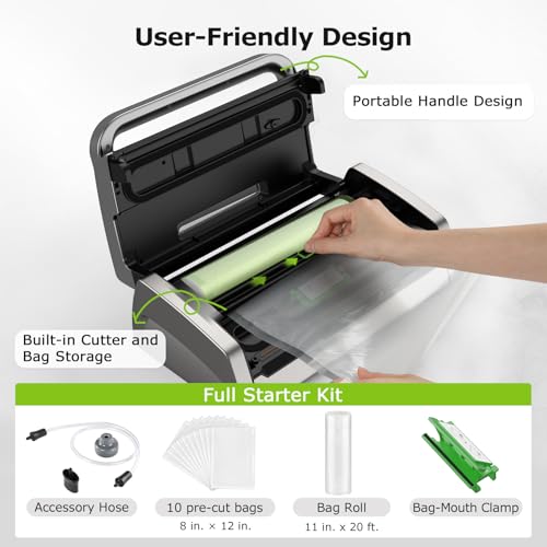 Bonsenkitchen Vacuum Sealer Machine, Globefish Technology for Perfect Vacuum Sealing, Powerful Low-Noise Food Vacuum Sealer with Easy Handle Design, Built-in Cutter & Bag Storage, 1 Bag Roll & 10 Bags